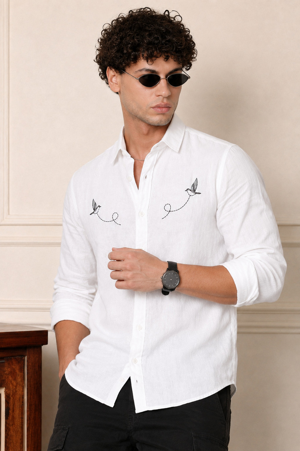 Image of COMBRAIDED Men Floral Print Casual White Shirt