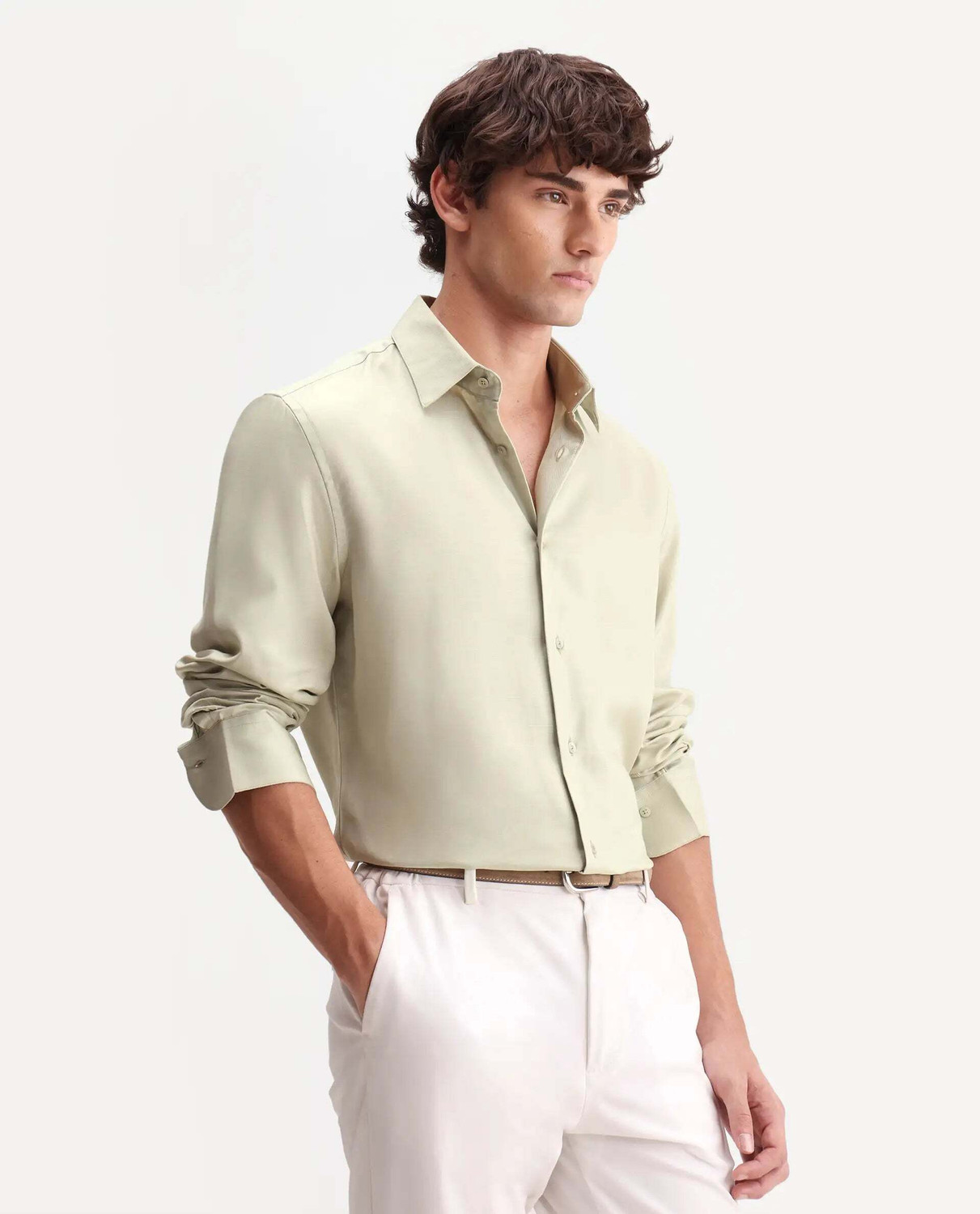 Image of RARE RABBIT Men Solid Casual Beige Shirt