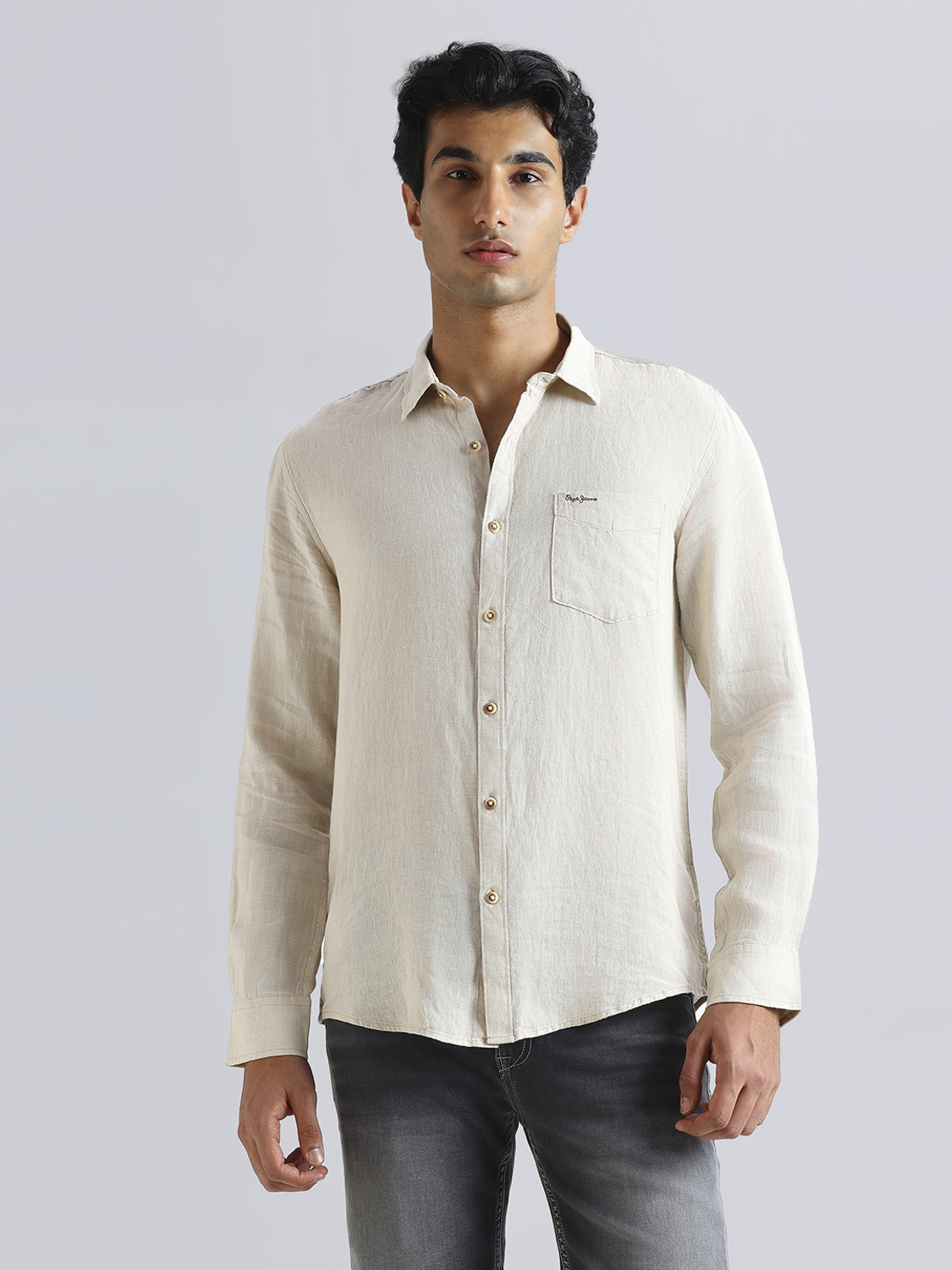 Image of Pepe Jeans Men Solid Casual White Shirt