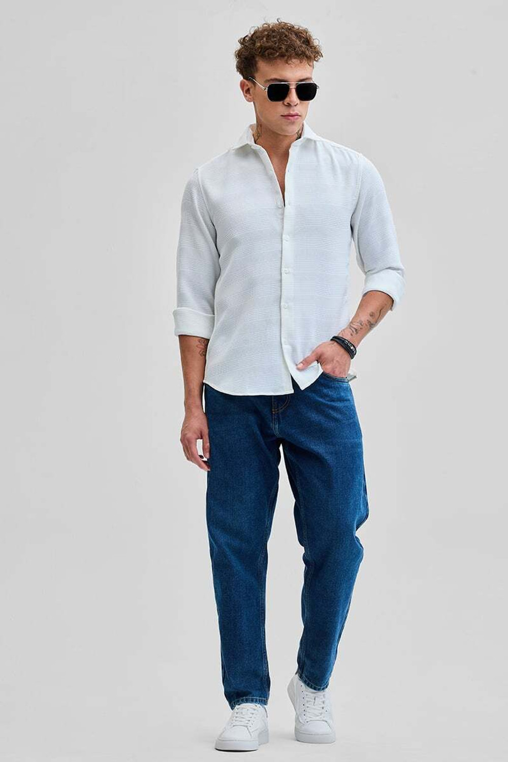 Image of Snitch Men Self Design Casual White Shirt