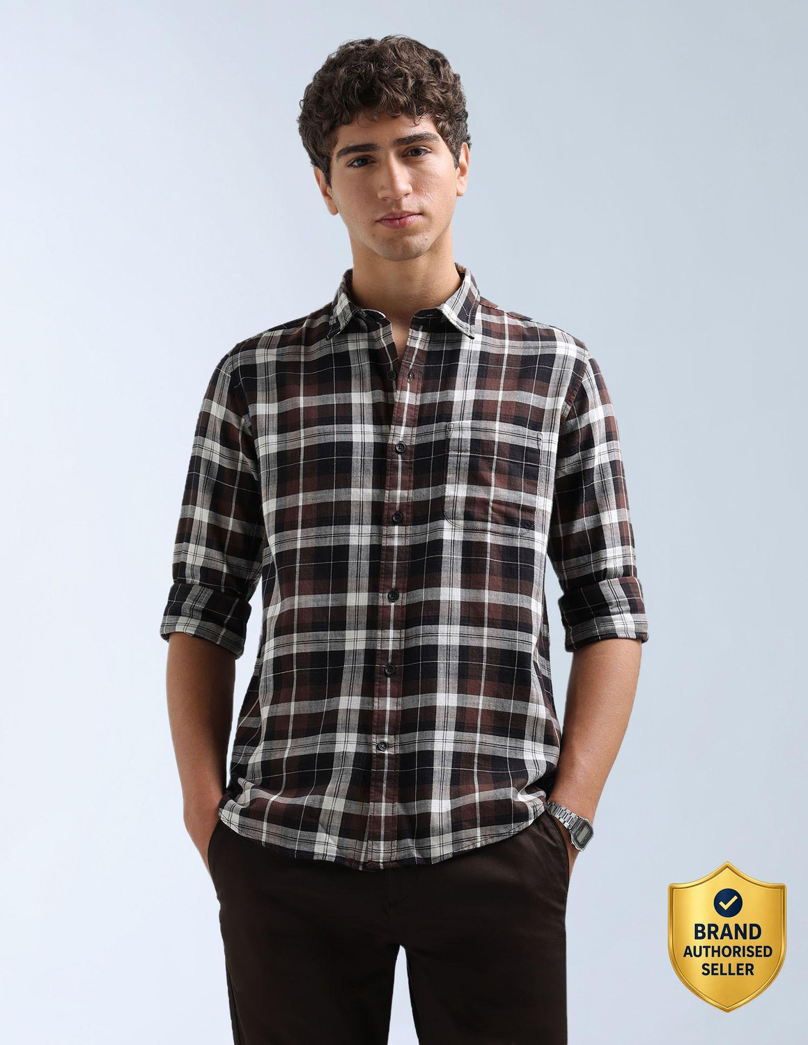 FLYING MACHINE Men Checkered Casual Brown Shirt