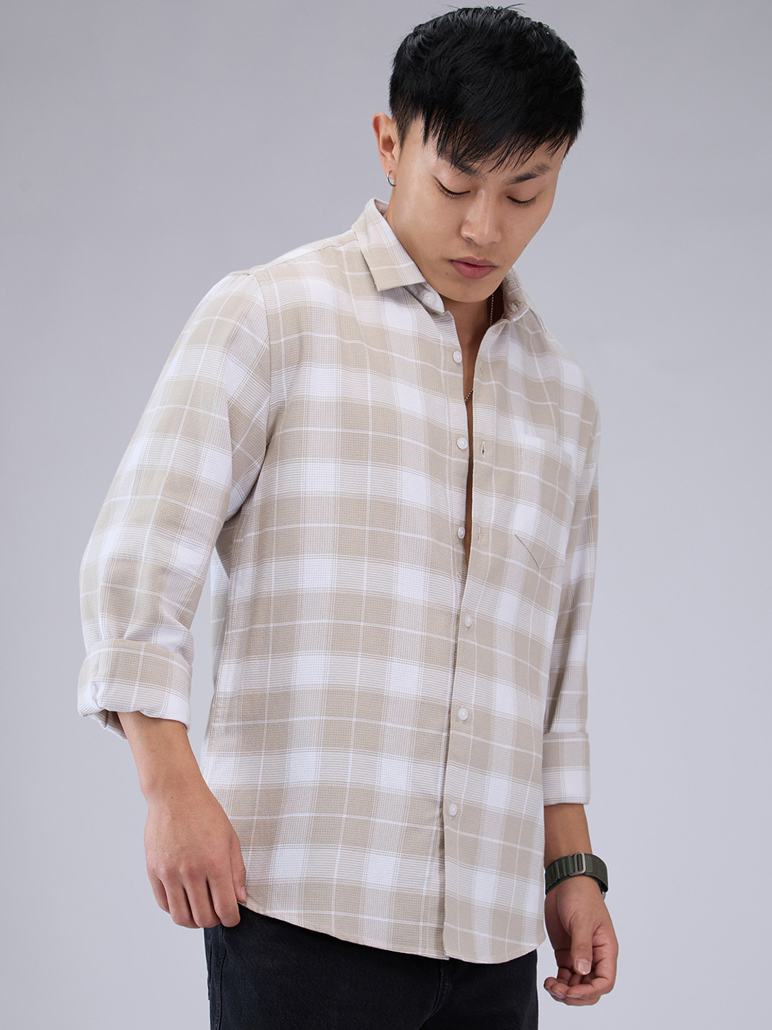 Image of VASTRADO Men Checkered Casual Beige Shirt