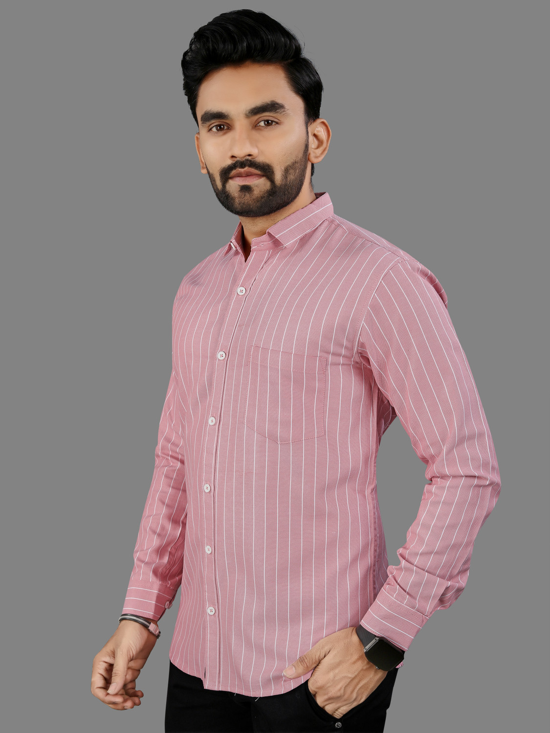 Image of MILDIN Men Striped Formal Pink Shirt