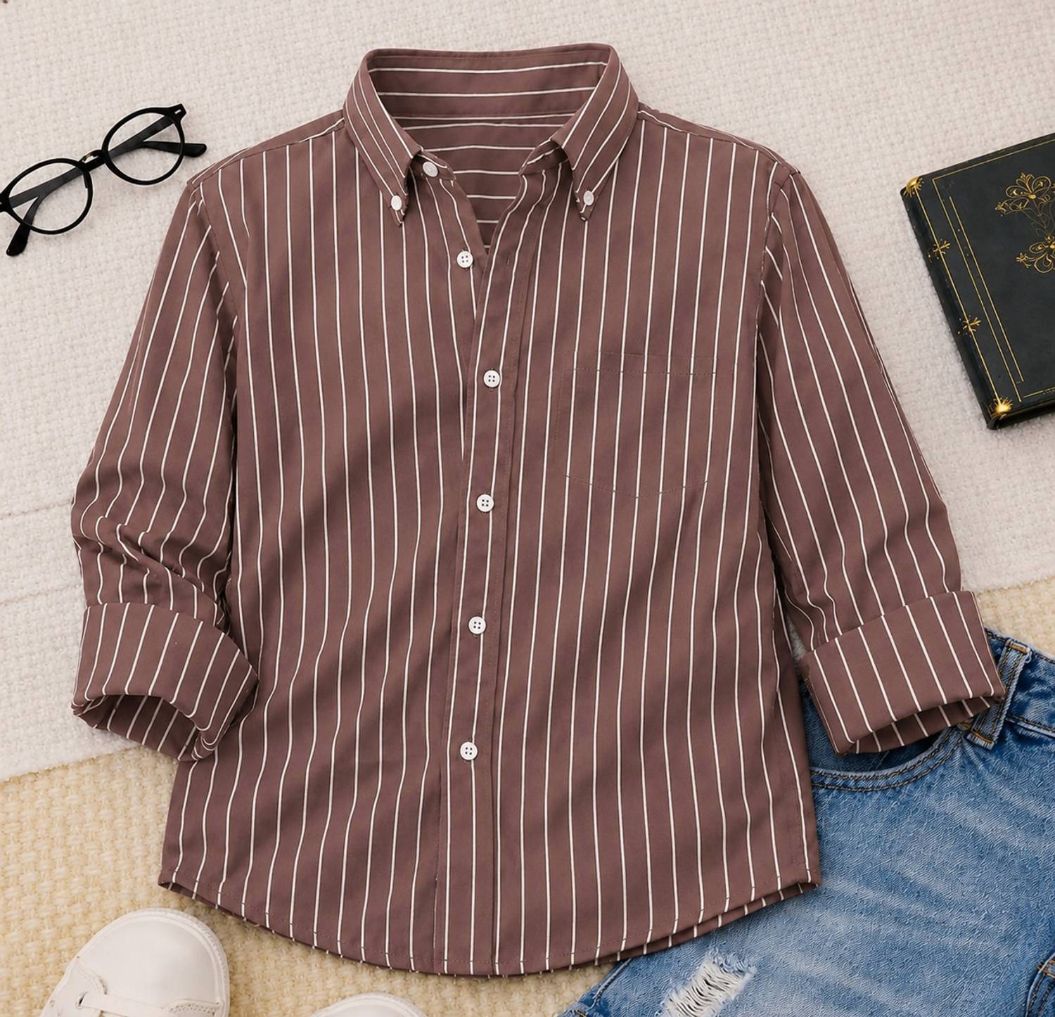 TH BROTHER Boys Striped Brown Shirt - Image 1