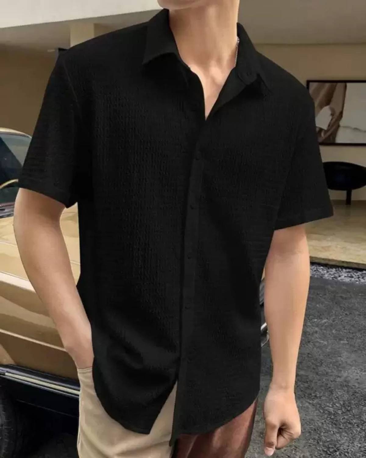Solbiza Men Regular Fit Self Design Spread Collar Casual Shirt
