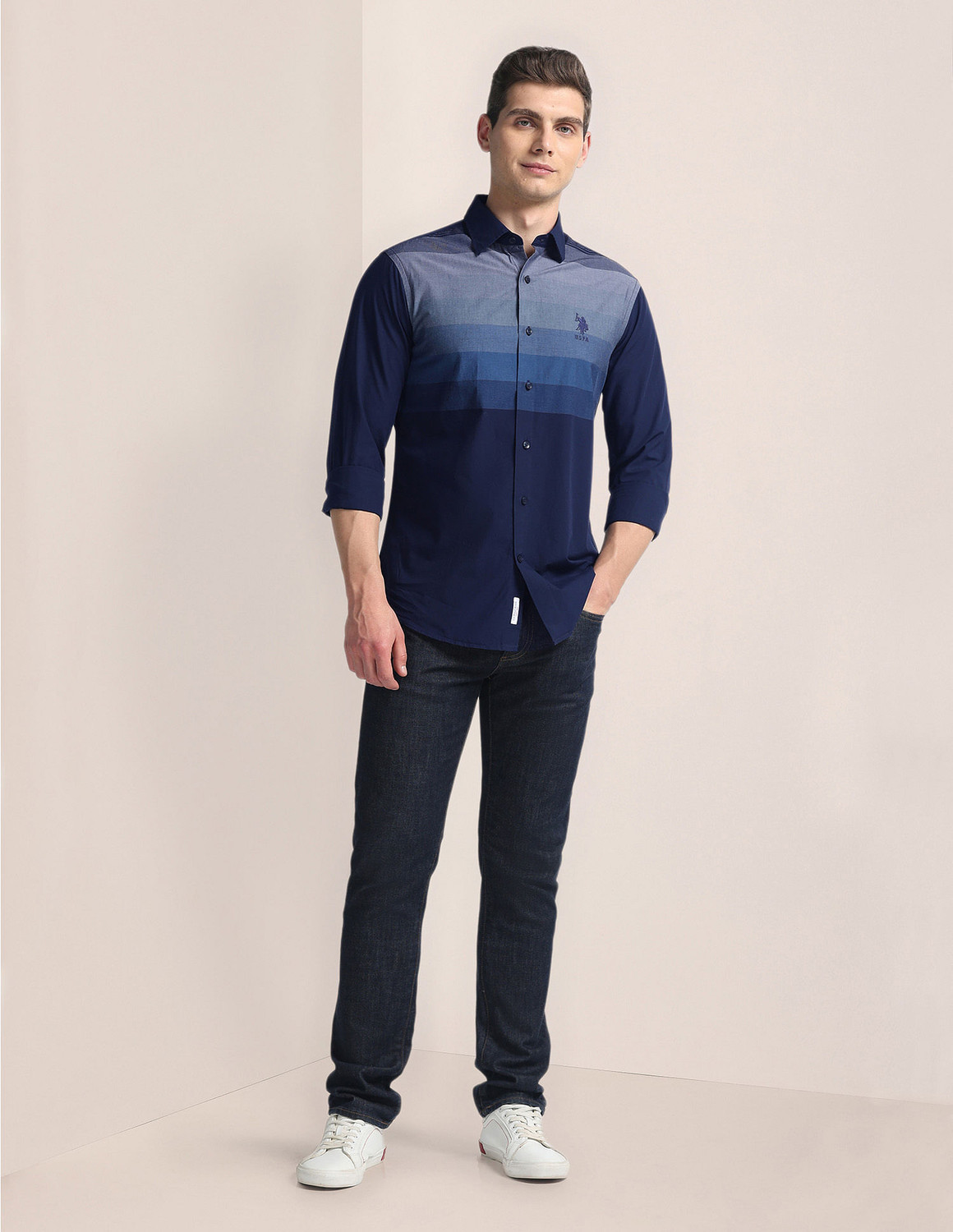 Image of U.S. POLO ASSN. Men Color Block Casual Blue Shirt