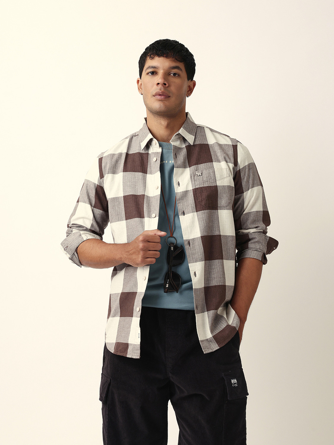 Image of THE BEAR HOUSE Men Checkered Casual Brown Shirt