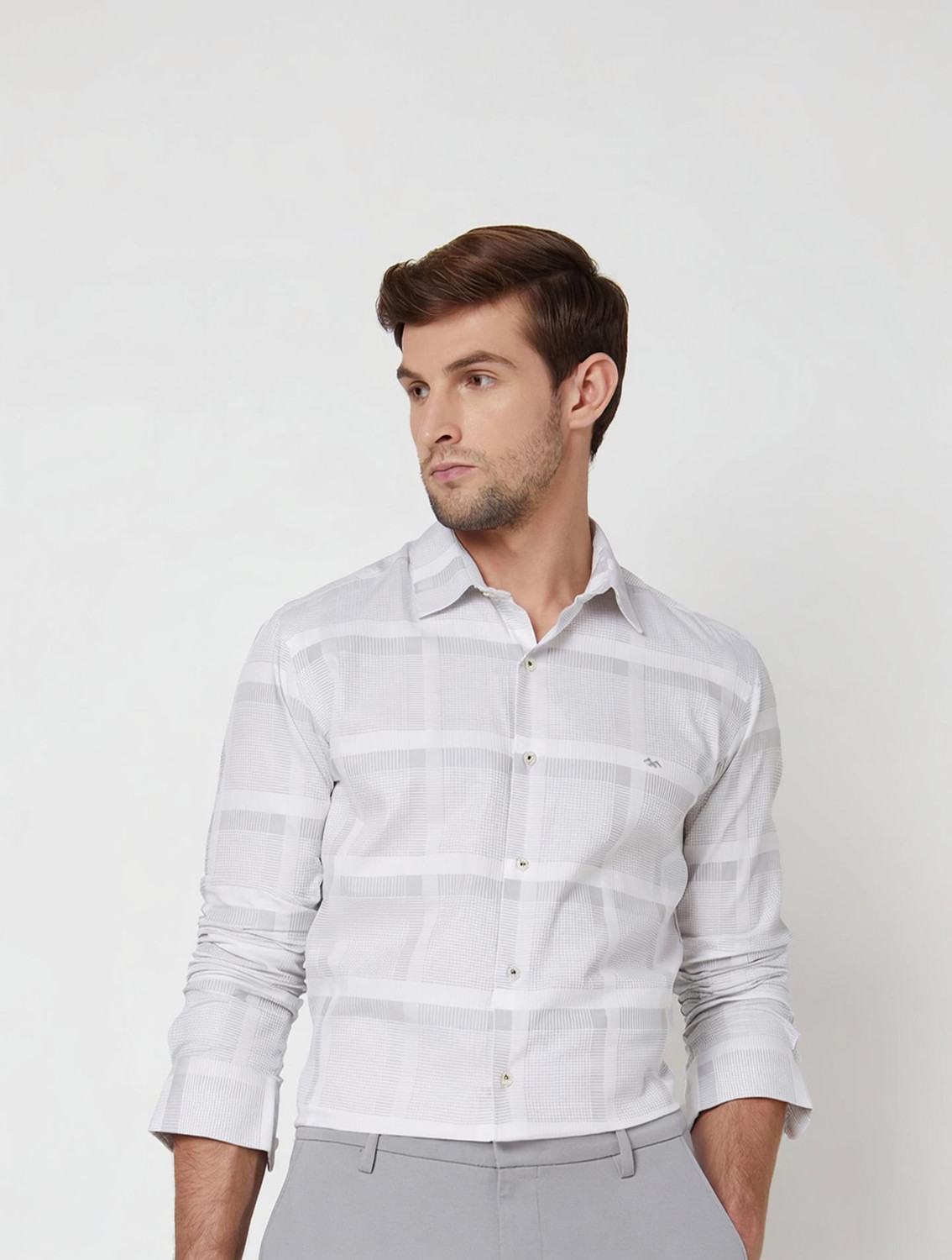 Image of MUFTI Men Checkered Casual Grey, White Shirt