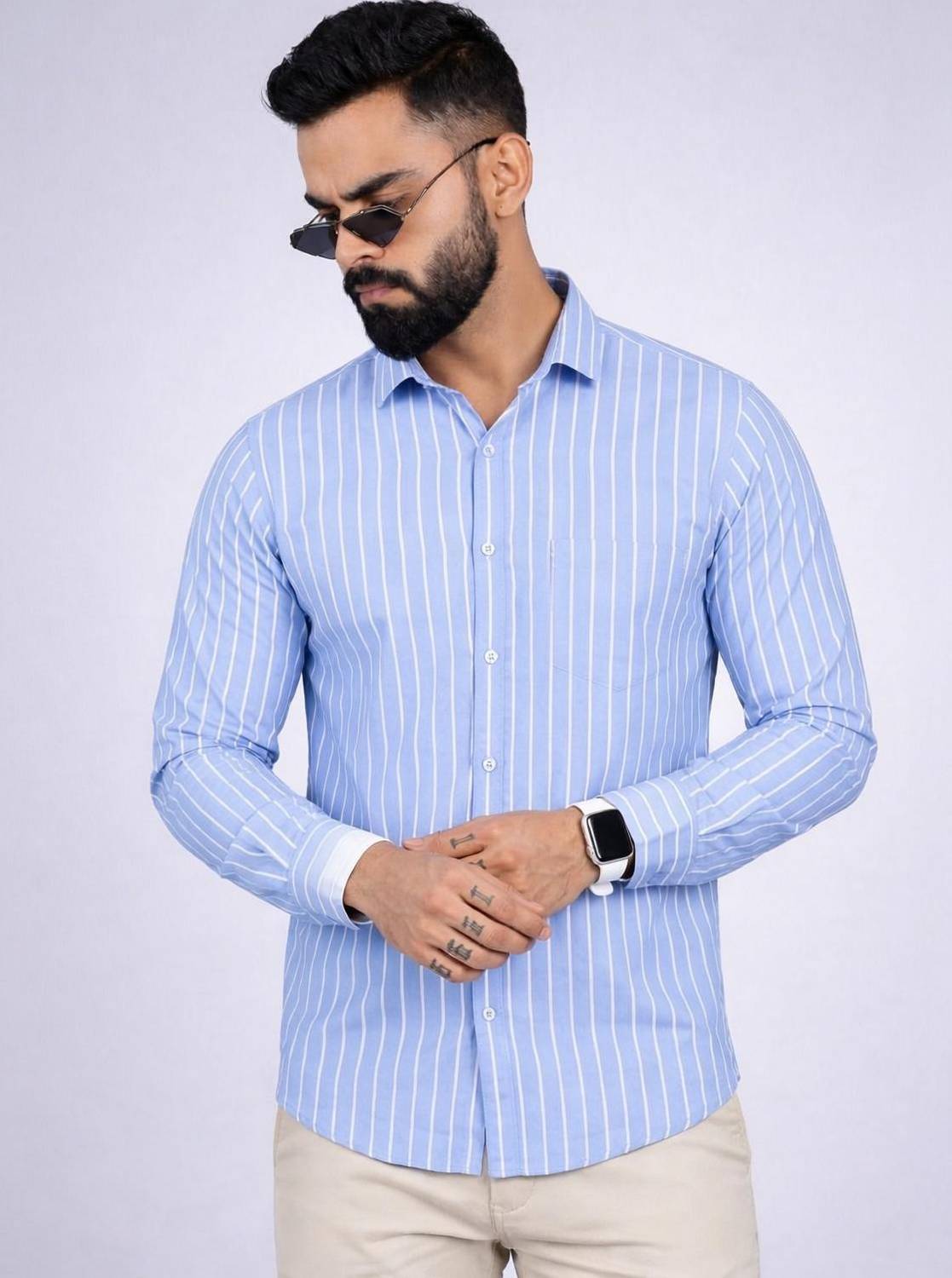 CAMBREEN Men Striped Casual Light Blue Shirt