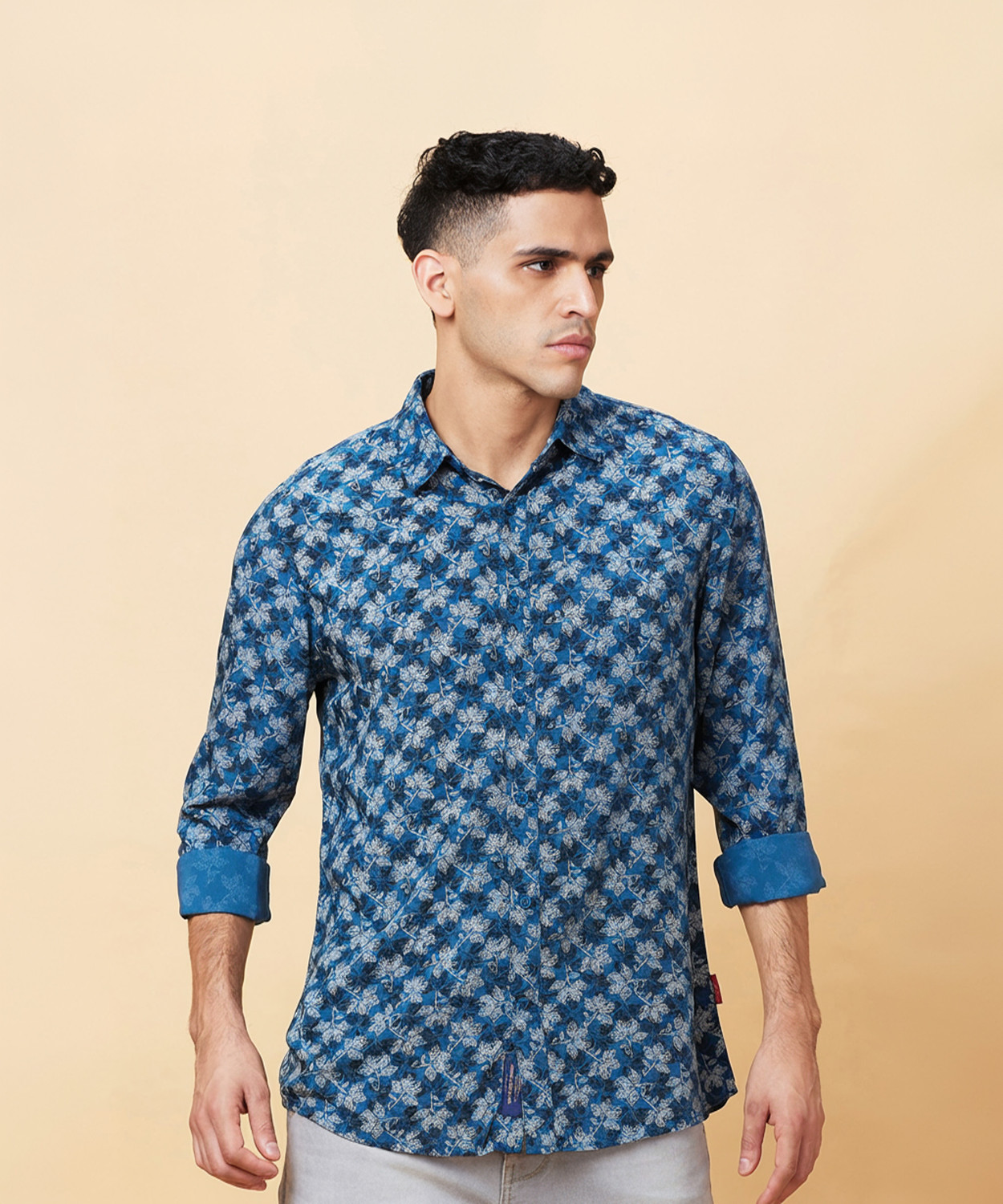 Image of BEING HUMAN Men Floral Print Casual Blue Shirt