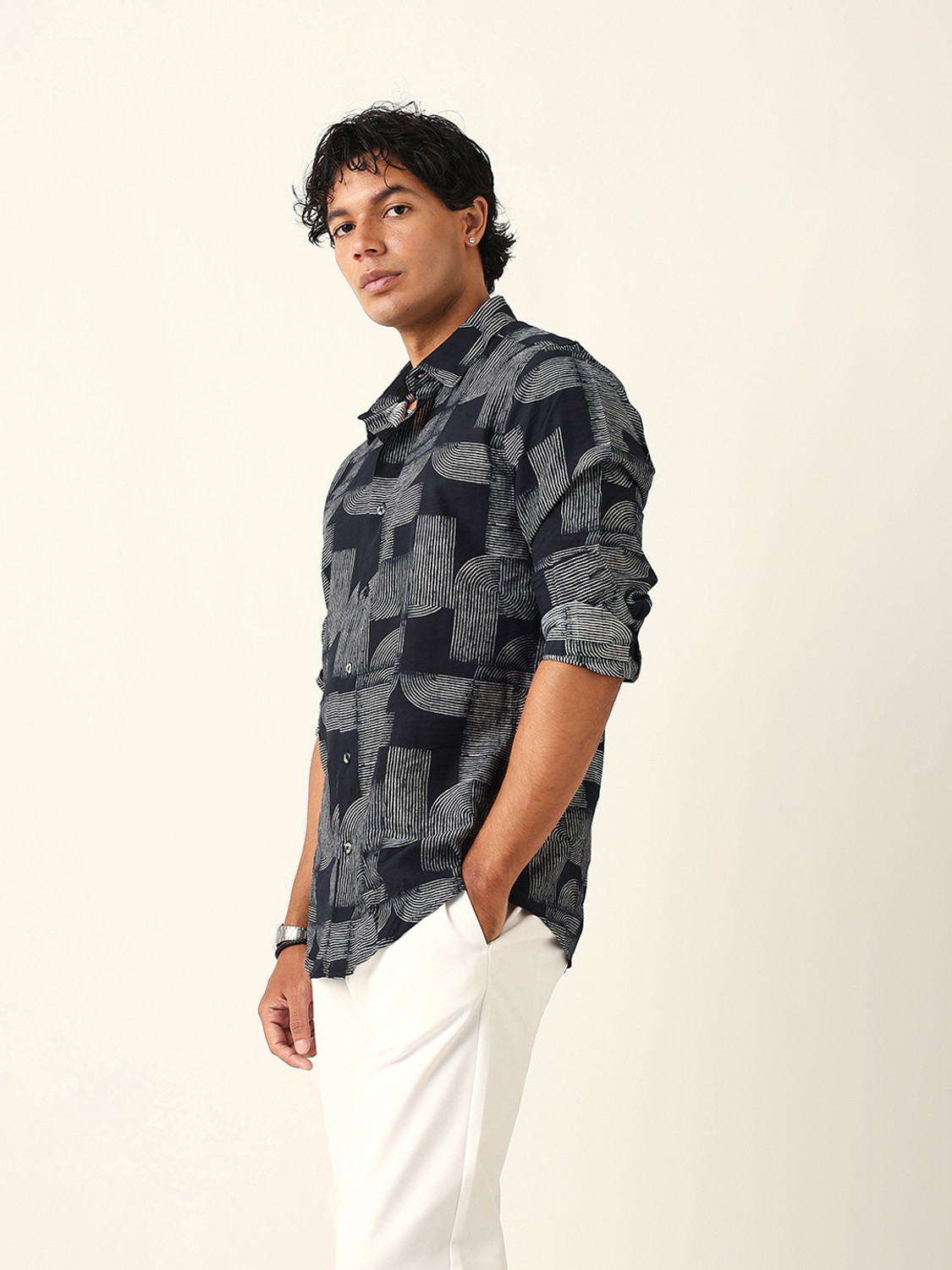 Image of THE BEAR HOUSE Men Self Design Casual Black Shirt