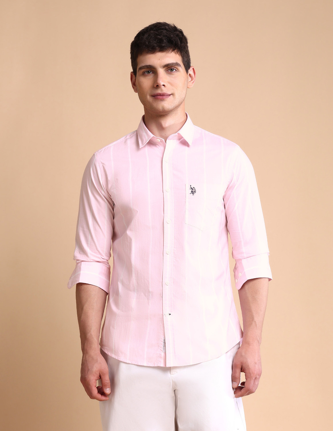 Image of U.S. POLO ASSN. Men Striped Casual Pink Shirt