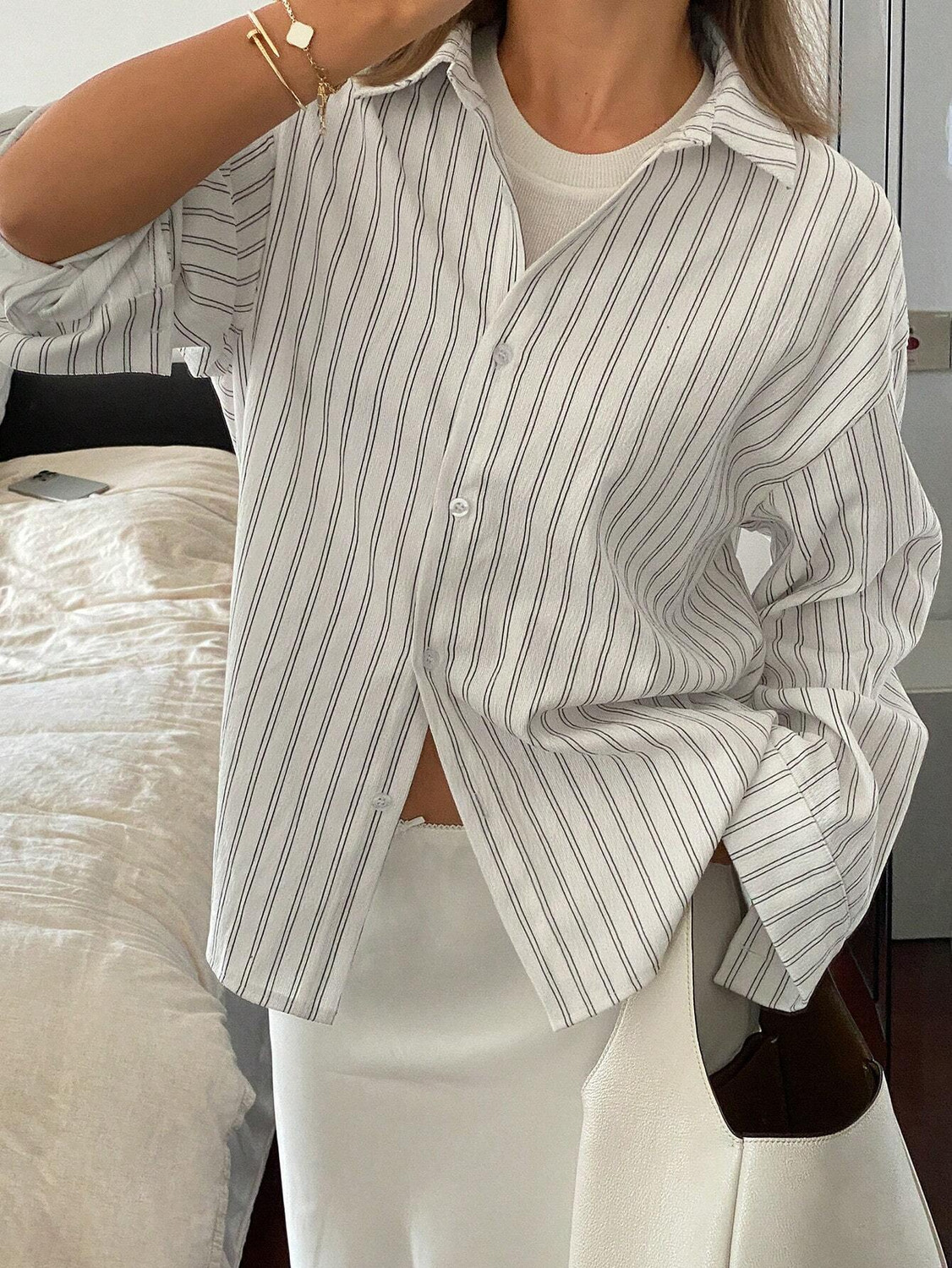 Image of Leriya Fashion Women Striped Casual White Shirt