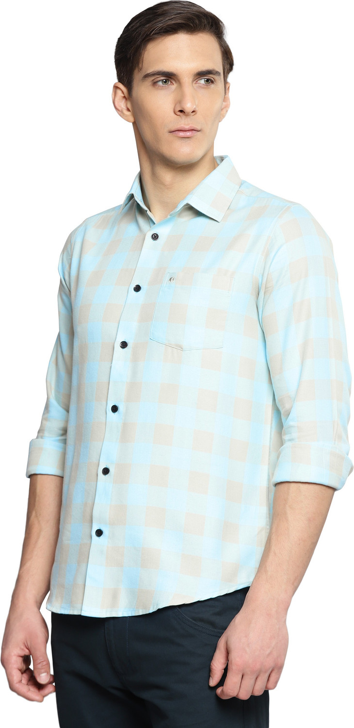 Image of Allen Cooper Men Checkered Casual Light Blue, Beige Shirt