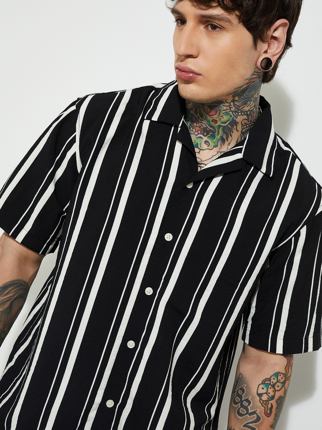 Image of MAX Men Striped Casual Black Shirt