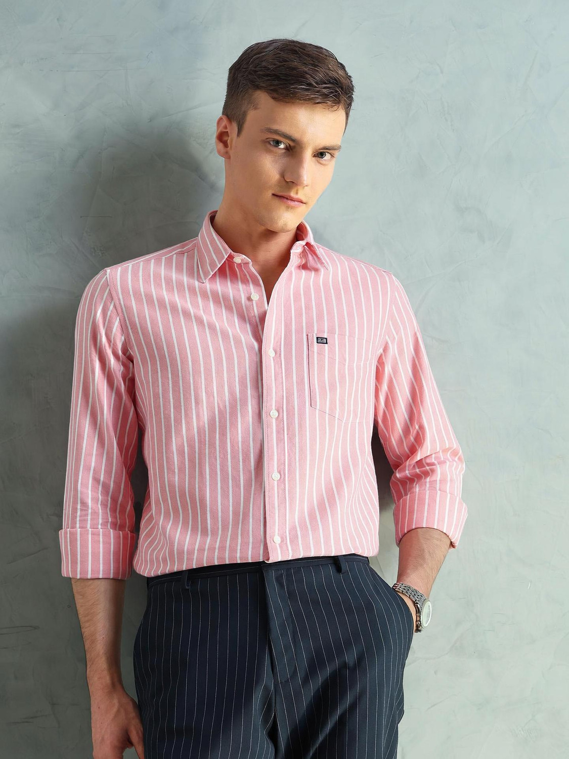 Image of Arrow Sport Men Self Design Casual Pink Shirt