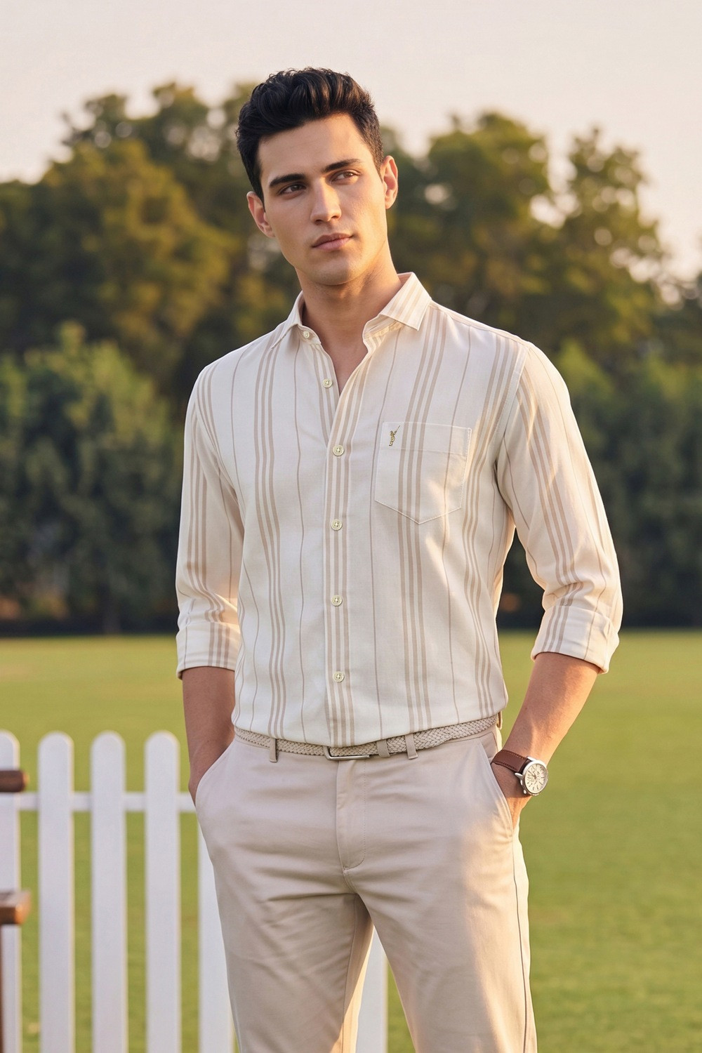 Image of PETER ENGLAND Men Striped Casual Beige Shirt