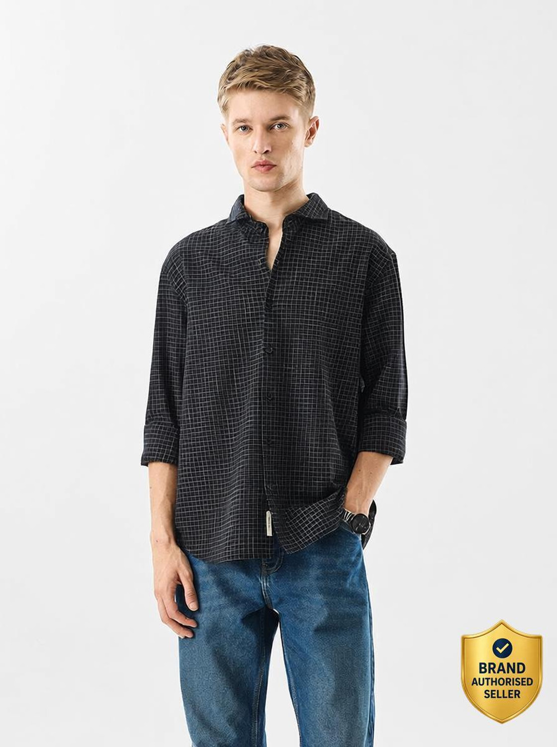 Image of Snitch Men Checkered Casual Black Shirt