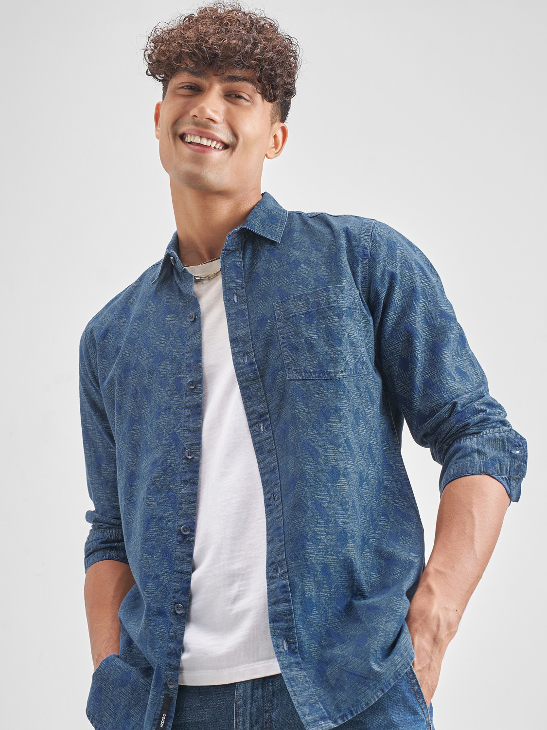 Image of LOCOMOTIVE Men Self Design Casual Blue Shirt