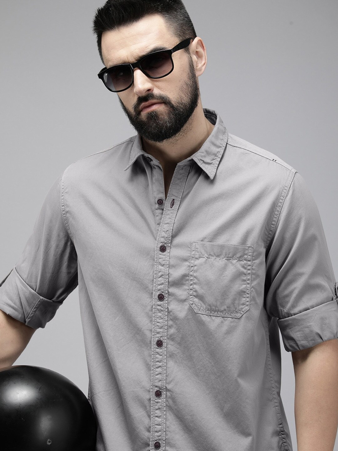 Image of Roadster Men Solid Casual Grey Shirt