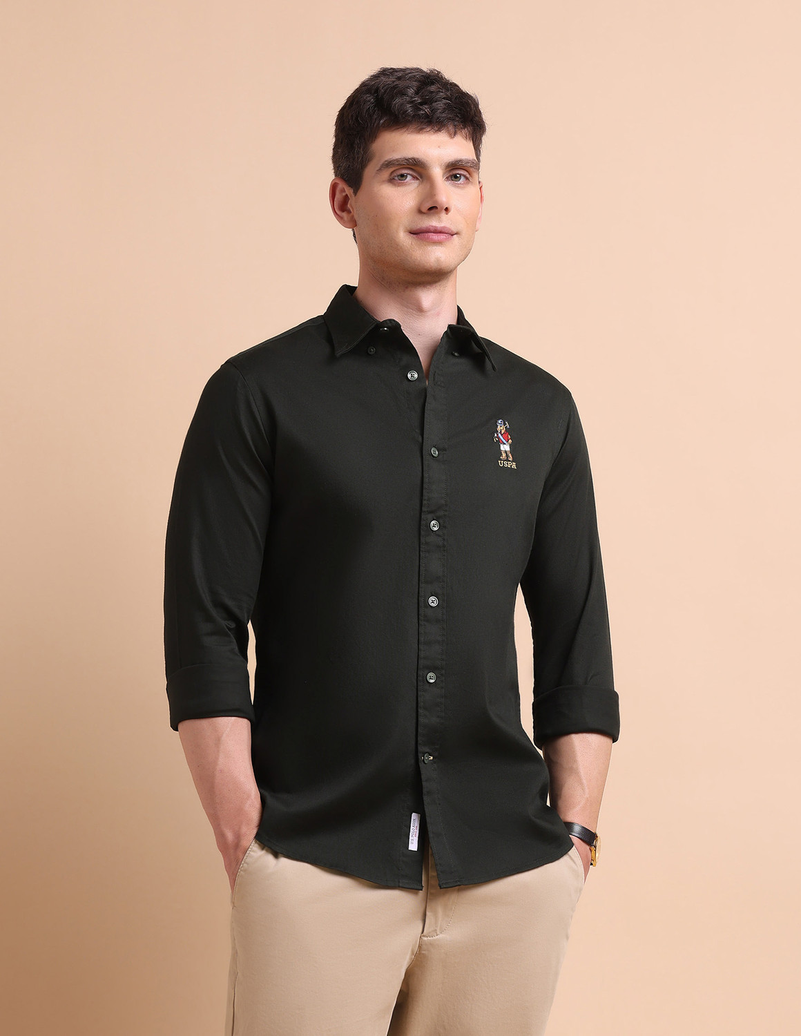 Image of U.S. POLO ASSN. Men Solid Casual Green Shirt