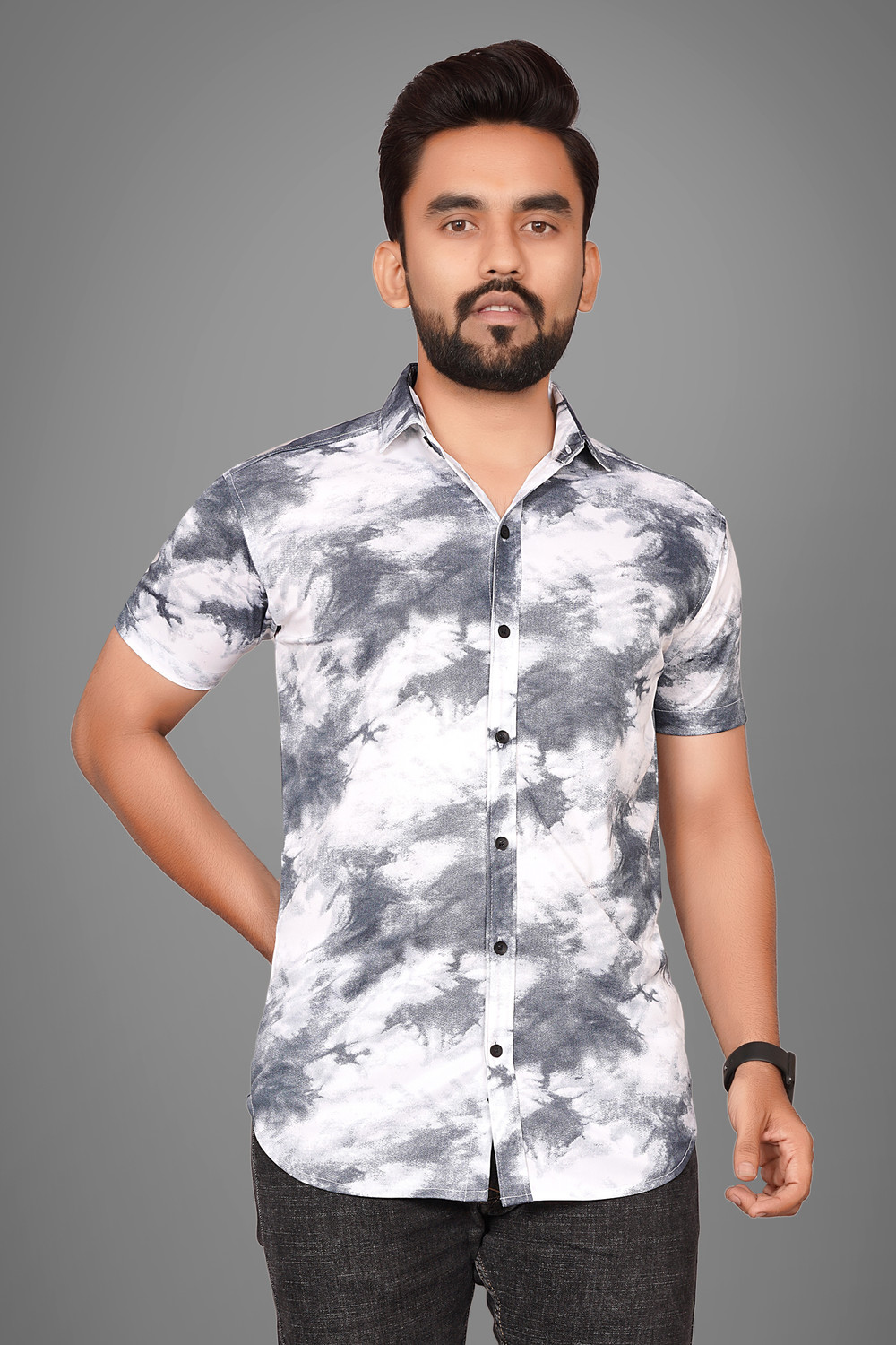 Image of Voroxy Men Dyed /Ombre Casual Grey, White, Dark Blue Shirt