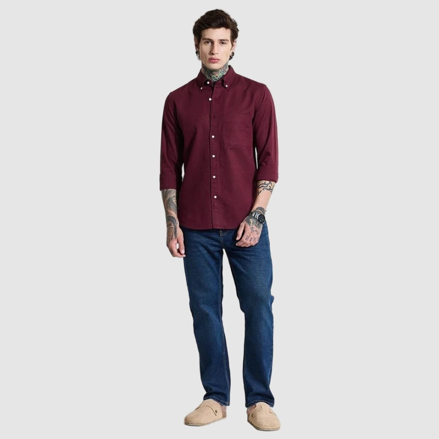 Image of Snitch Men Solid Casual Maroon Shirt