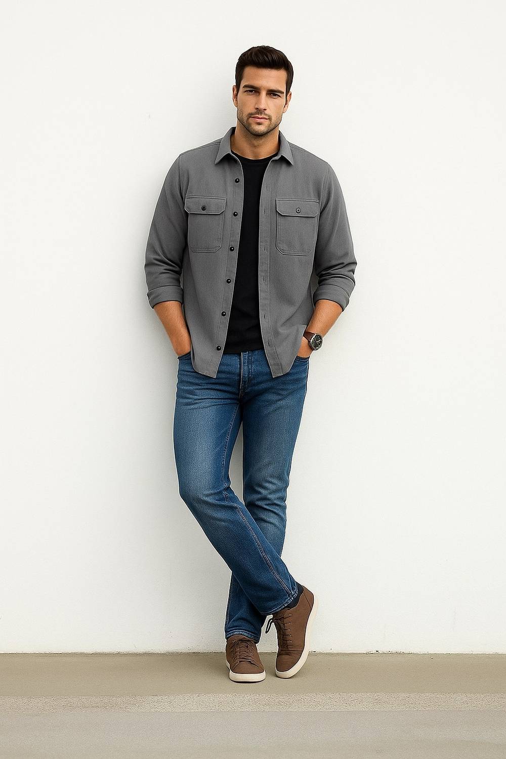 DEEMOON Men Solid Casual Grey Shirt - Image 3
