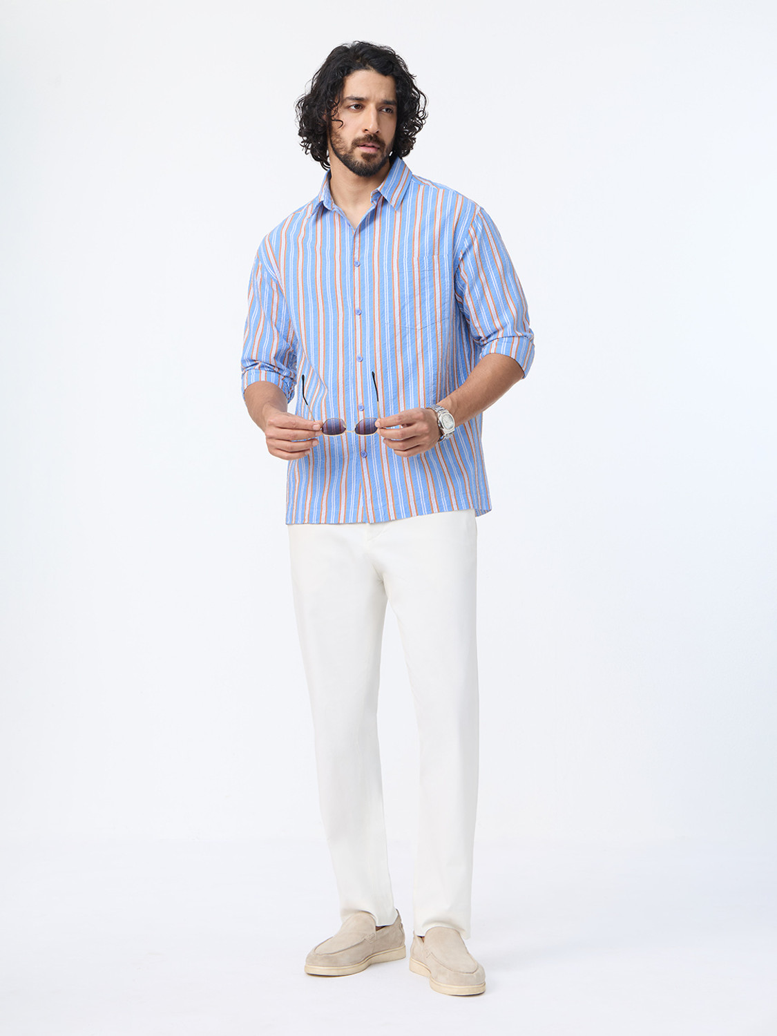 Image of The Souled Store Men Striped Casual Light Blue Shirt