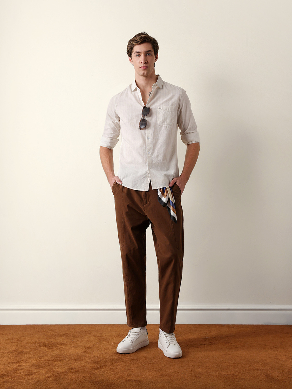 Image of THE BEAR HOUSE Men Striped Casual Beige Shirt