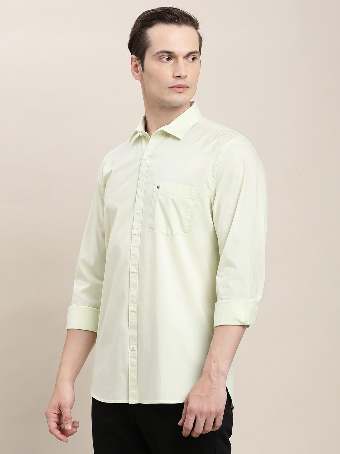 Image of TURTLE Men Solid Casual Beige Shirt