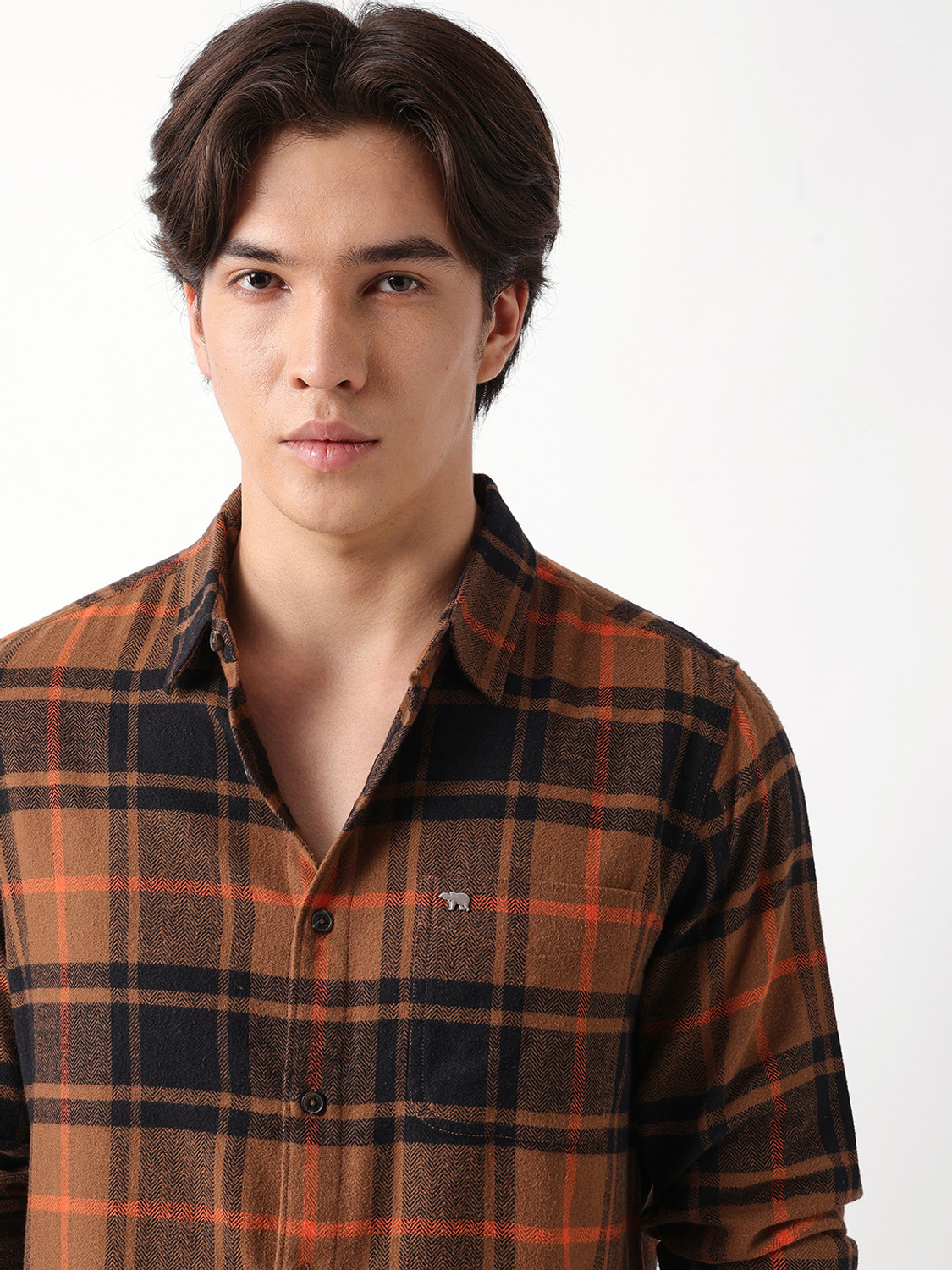 Image of THE BEAR HOUSE Men Checkered Casual Brown Shirt