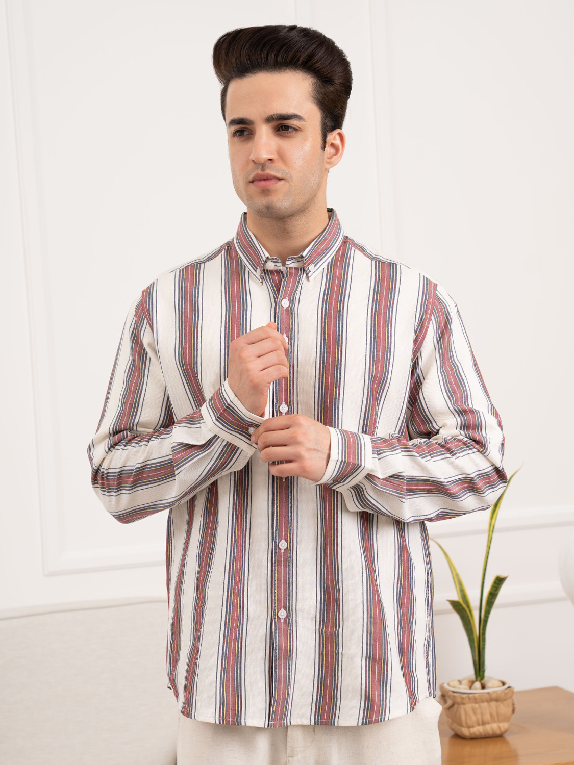 Image of RED TAPE Men Striped Casual Maroon Shirt