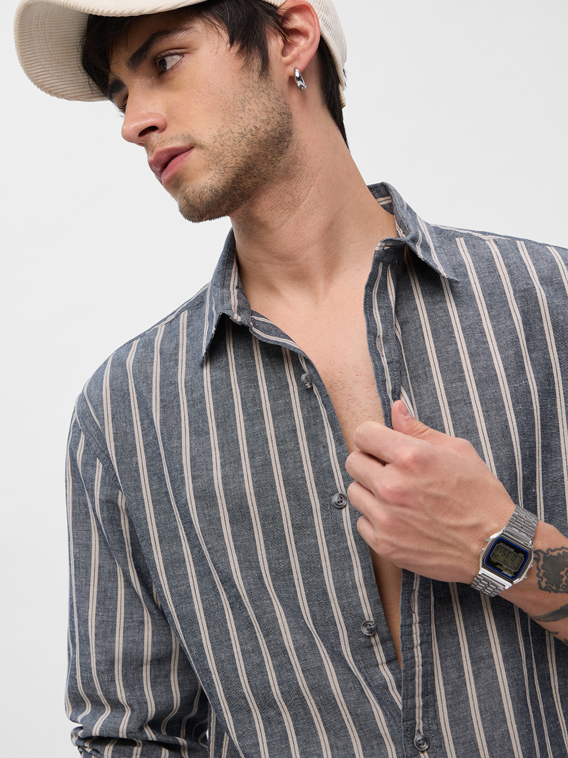 Image of The Souled Store Men Striped Casual Grey Shirt