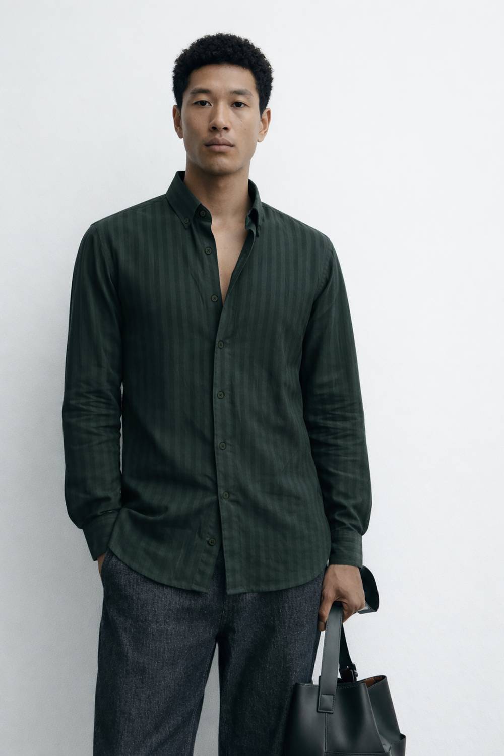 MISCHIEF Monkey Men Striped Casual Dark Green Shirt