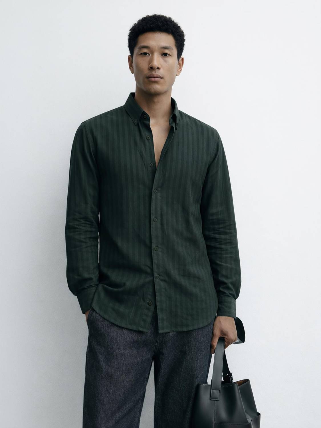 MISCHIEF Monkey Men Striped Casual Dark Green Shirt