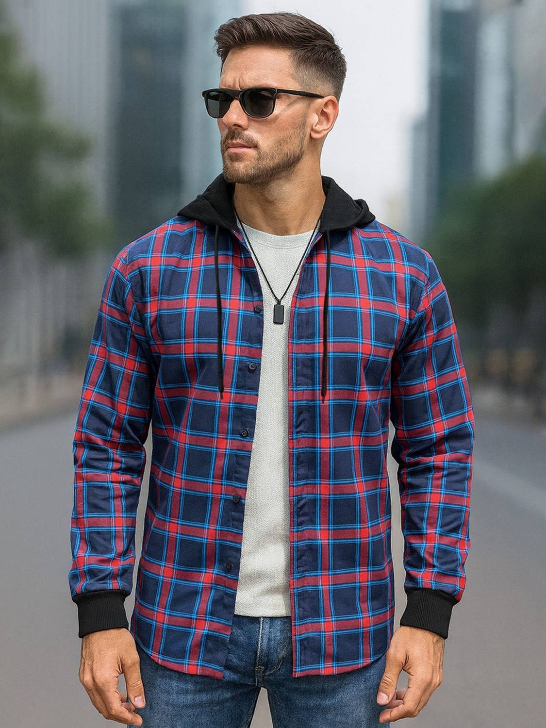 EyeBogler Men Regular Fit Checkered Hood Collar Casual Shirt