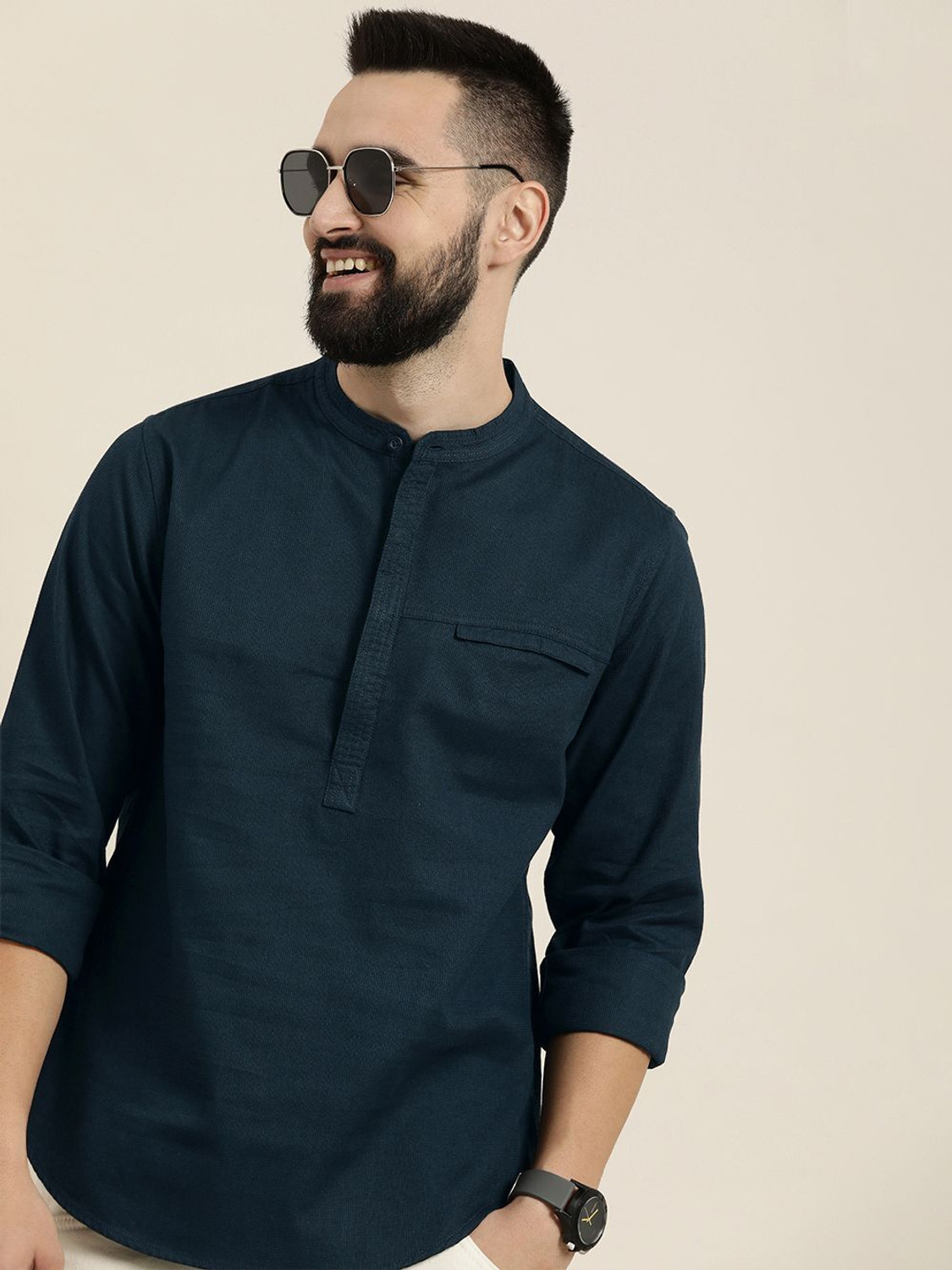 Image of HERE&NOW Men Solid Casual Blue Shirt