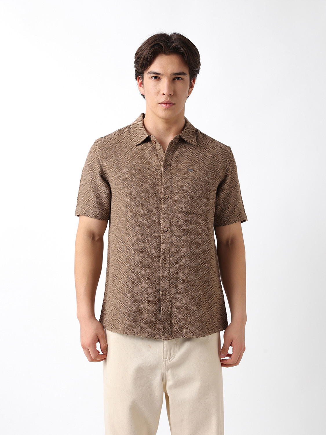 Image of THE BEAR HOUSE Men Self Design Casual Beige Shirt