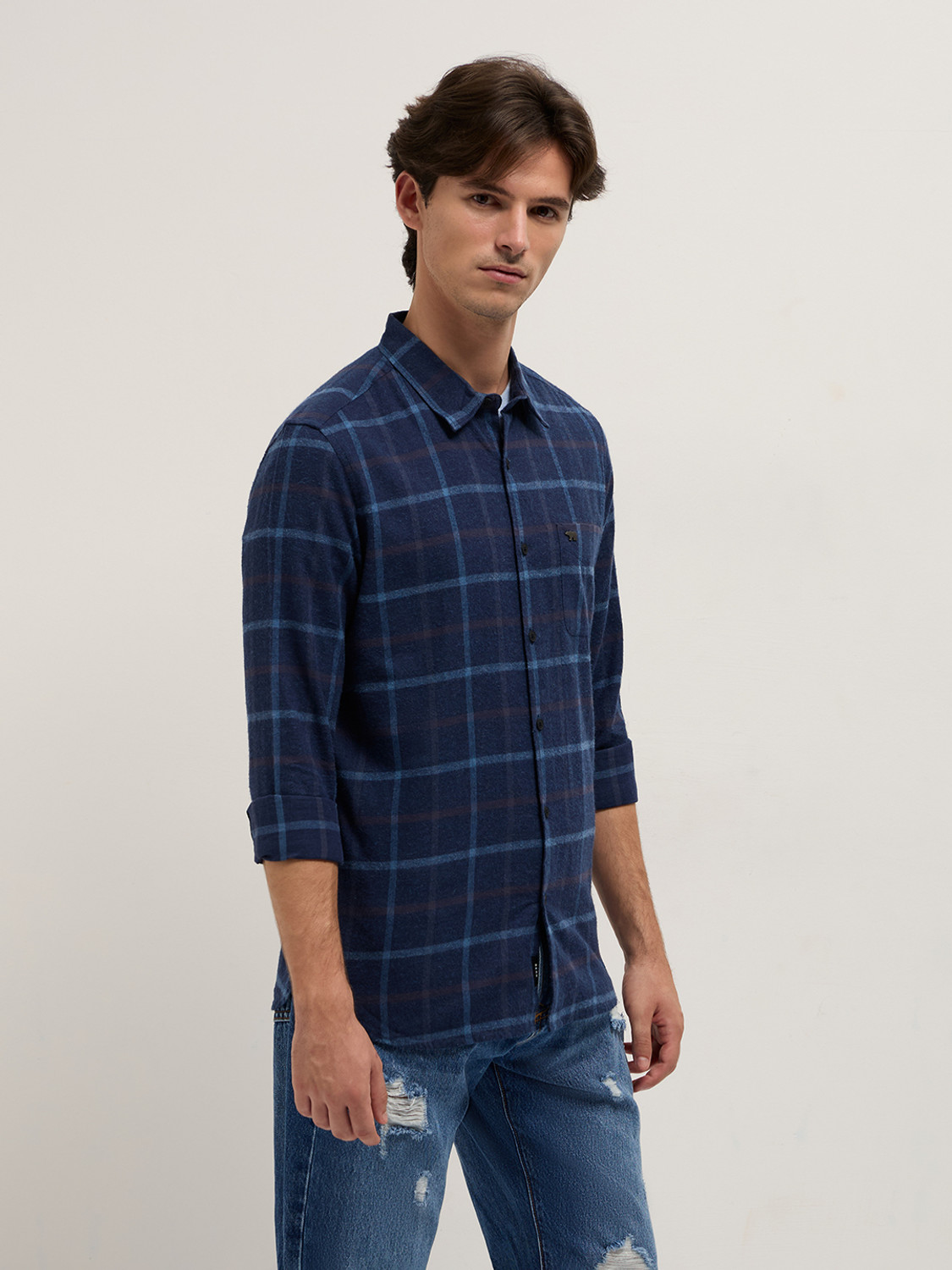 Image of THE BEAR HOUSE Men Checkered Casual Blue Shirt