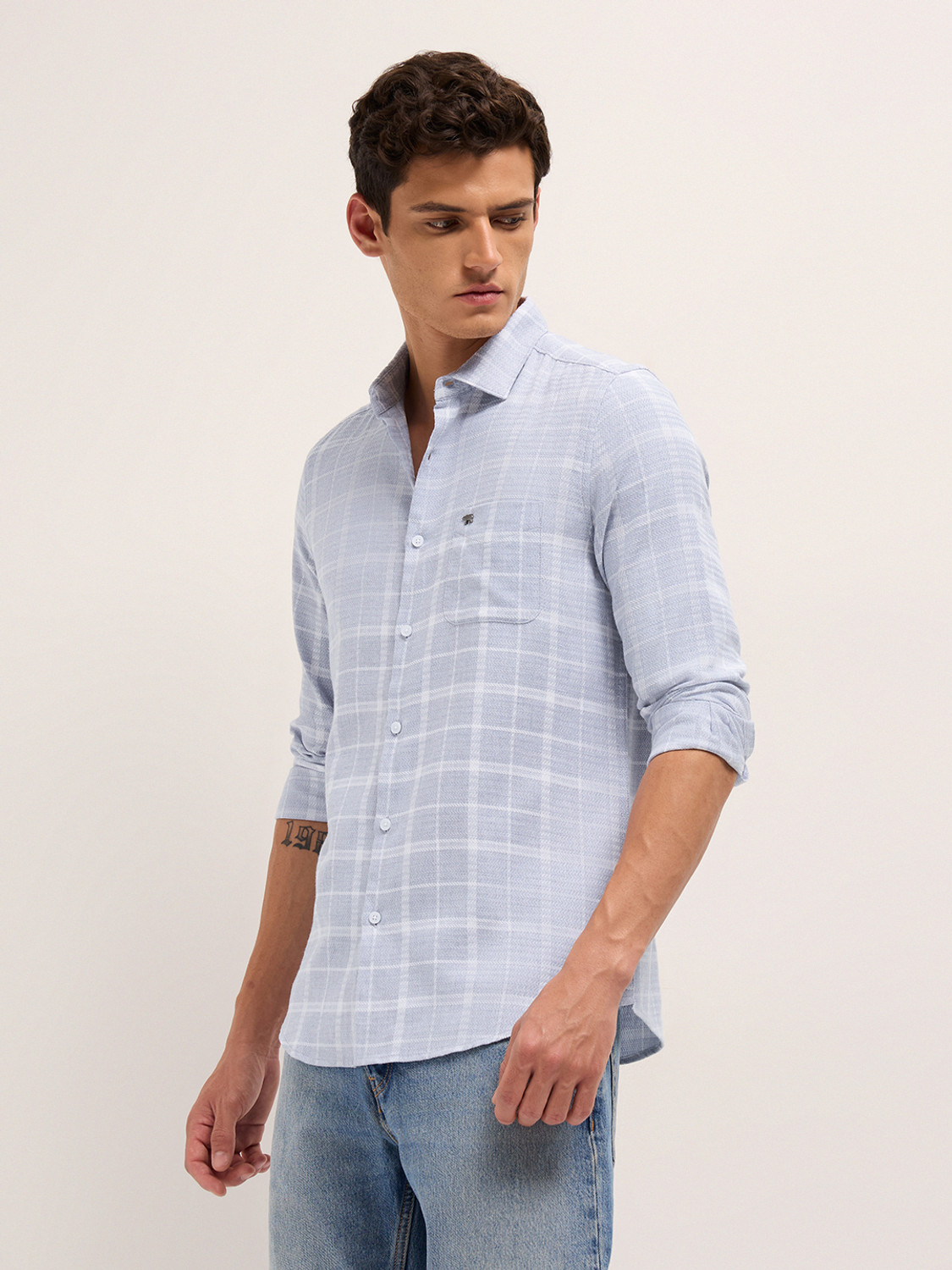 Image of THE BEAR HOUSE Men Checkered Casual Blue Shirt