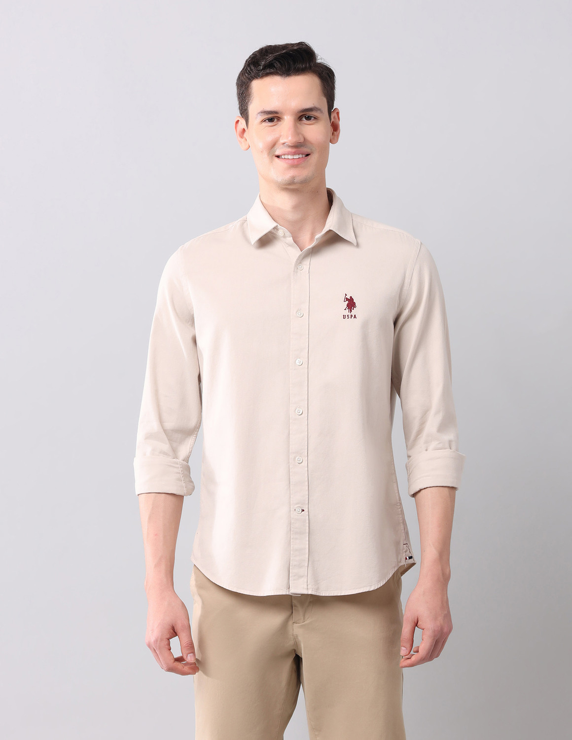 Image of U.S. POLO ASSN. Men Solid Casual Beige Shirt