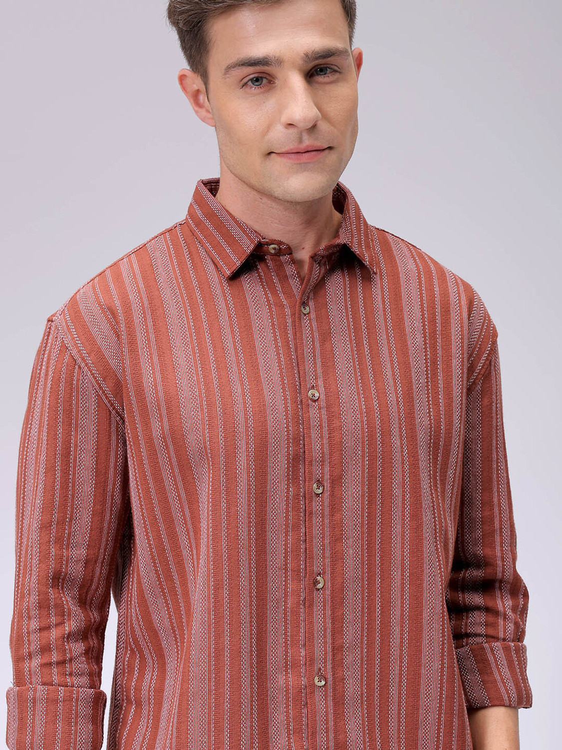 Image of The Indian Garage Co. Men Striped Casual Brown Shirt