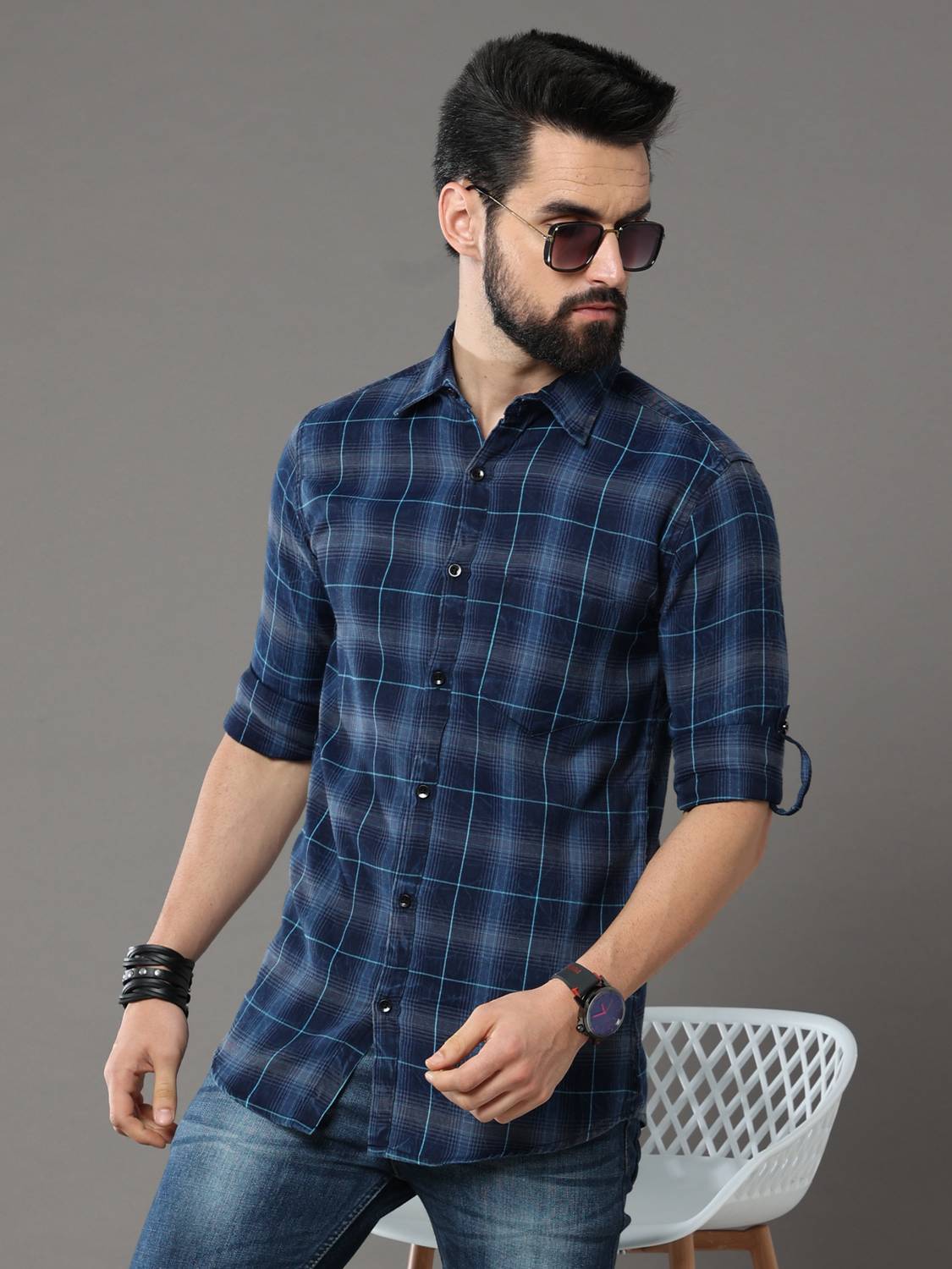 tallwalker Men Regular Fit Checkered Slim Collar Casual Shirt
