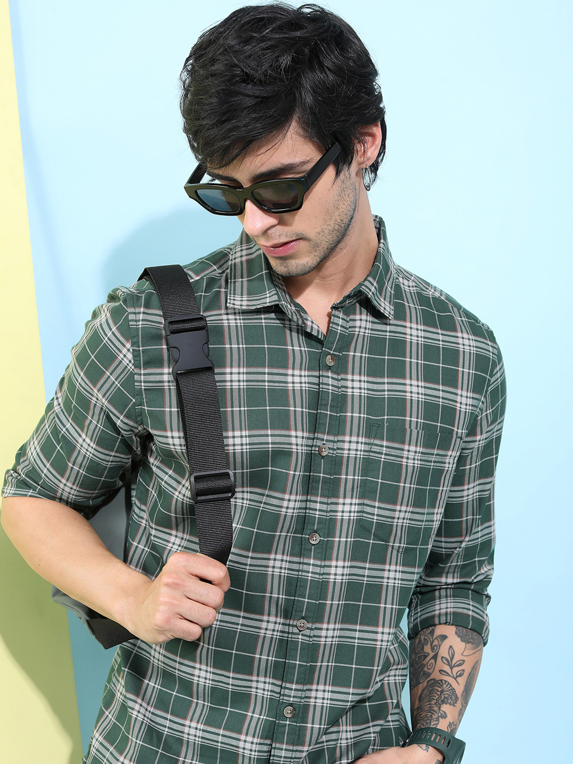 Image of HIGHLANDER Men Checkered Casual Green Shirt