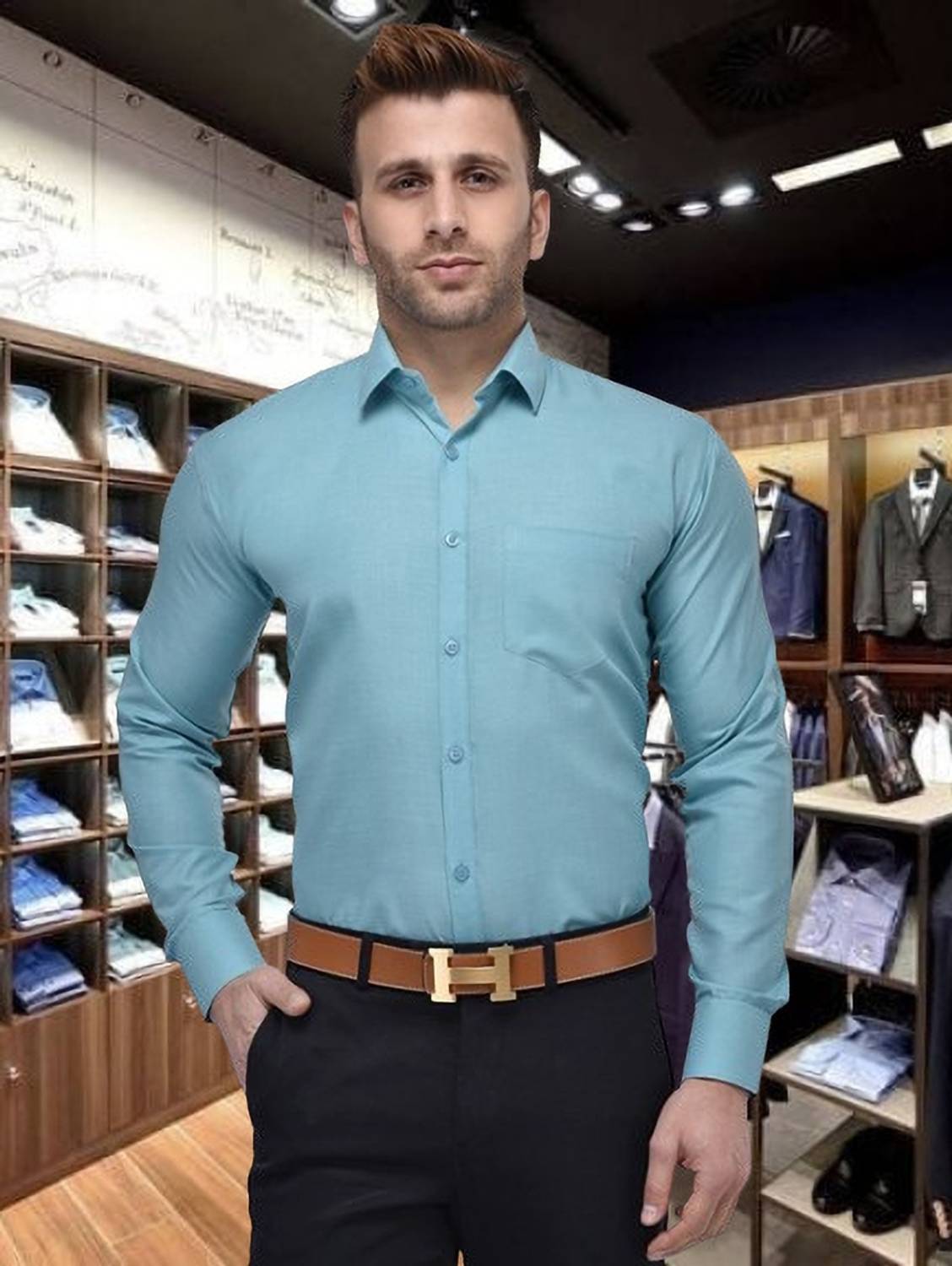 Ababil Men Solid Formal Light Blue Shirt