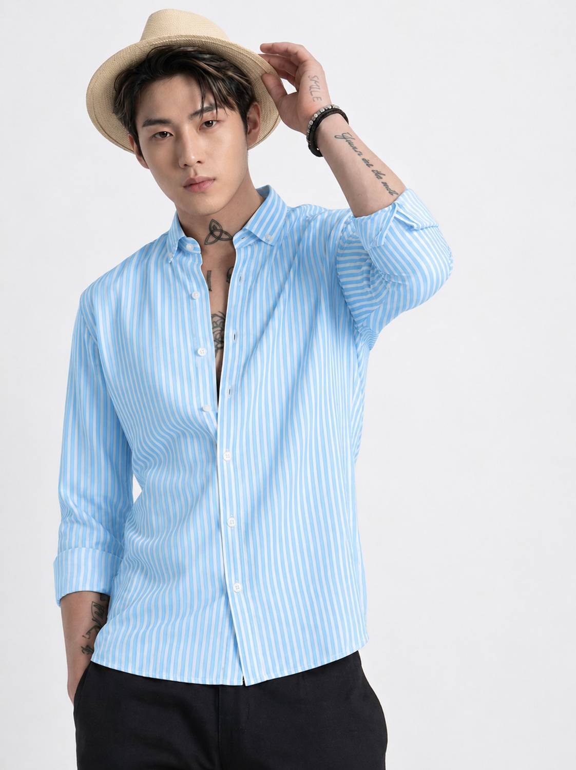 Mj fashion Men Striped Light Blue Shirt - Image 1