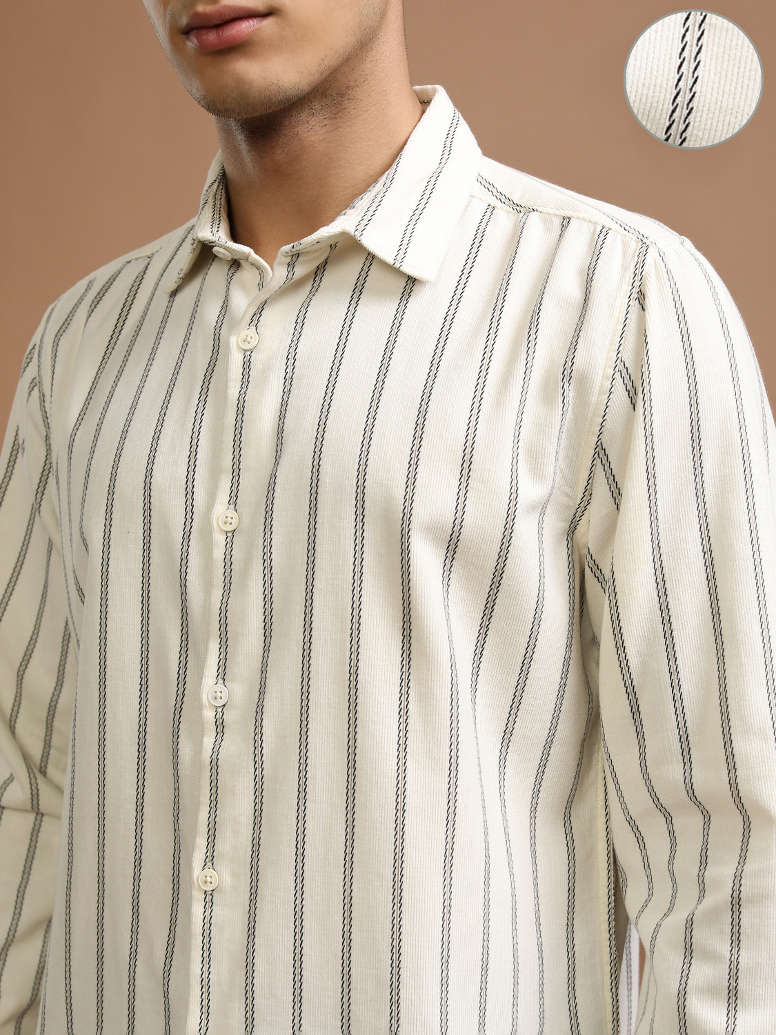 Image of HIGHLANDER Men Striped Casual Cream Shirt
