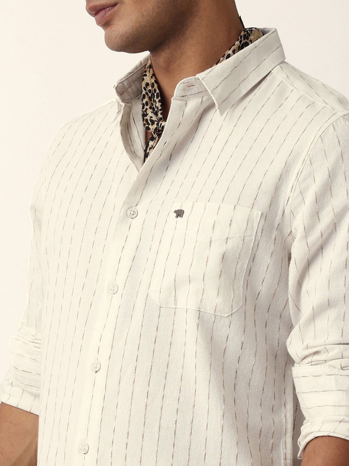 Image of THE BEAR HOUSE Men Striped Casual Cream Shirt