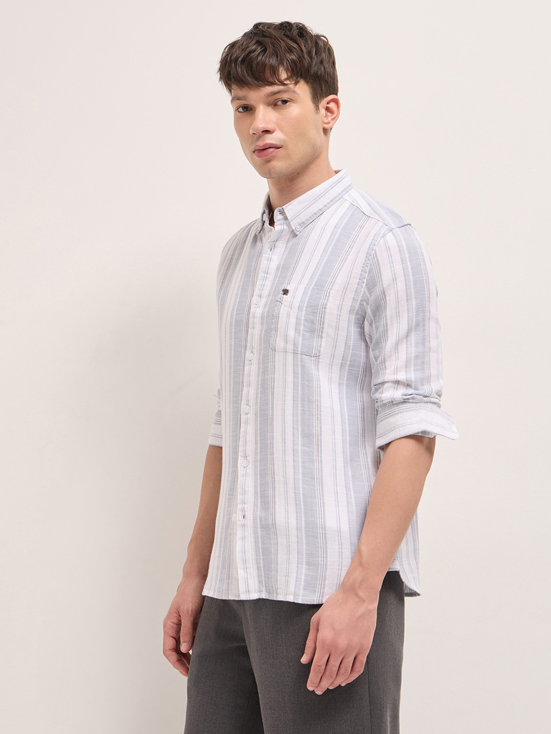 Image of THE BEAR HOUSE Men Striped Casual White Shirt